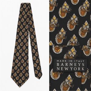 Barneys New York Made in Italy Silk Tie Black Gold Geometric Paisley Pattern
